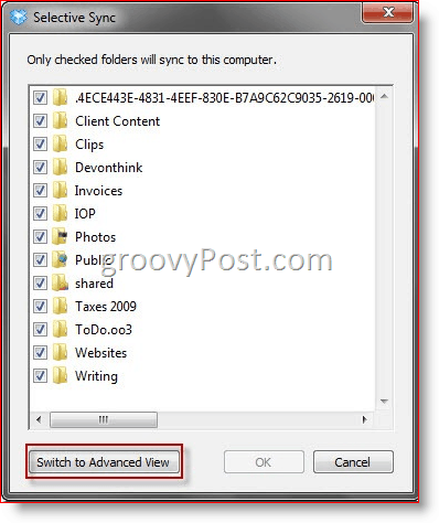 Check boxes for selecting Dropbox selective sync folders