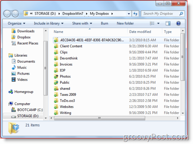 Dropbox folder on Windows 7 View