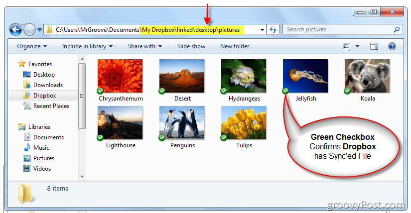 Windows Explorer confirms Symlink was created and Dropbox is syncing files