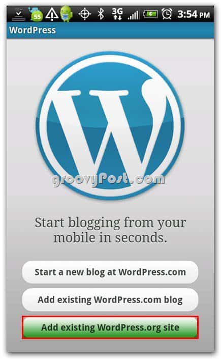Wordpress on Android Setup Menu - Add existing Web site
