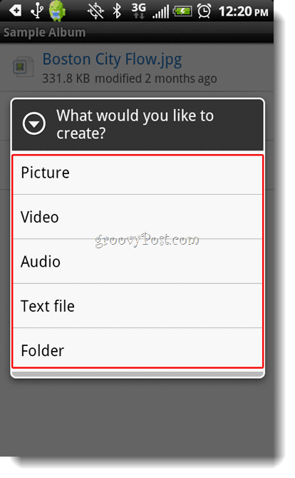 Android Dropbox create menu