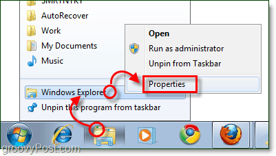 adjust properties of the windows explorer taskbar shortcut