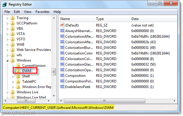 open the dwm registry key in windows 7