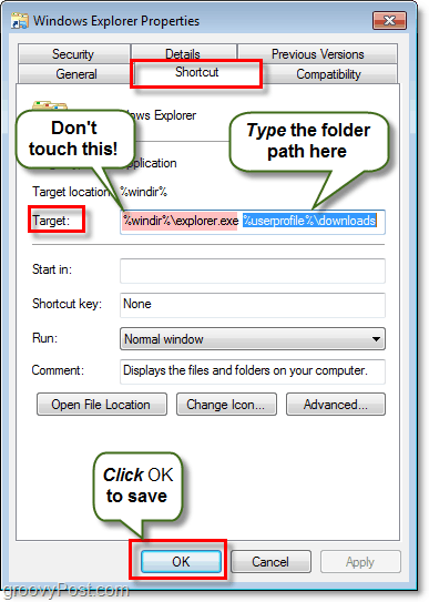 how to change the default windows explorer folder