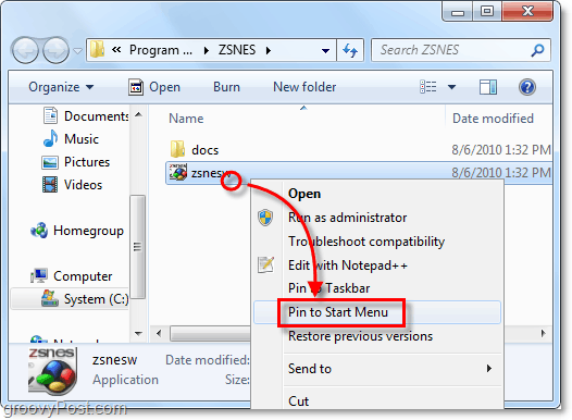 pin the zsnes application to your start menu as a shortcut