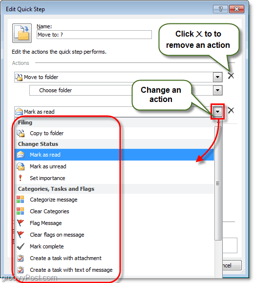 remove quick step actions outlook 2010