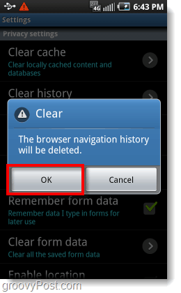confirm navigation history erase on android phone browser