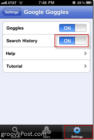 Disable Search History on Google Goggles iPhone