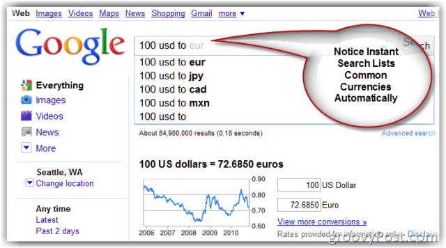 Google.com search page currency converter