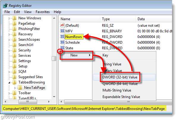 add numrows to HKEY_CURRENT_USERSoftwareMicrosoftInternet ExplorerTabbedBrowsingNewTabPage