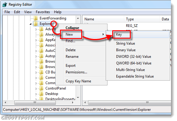 new key in windows 7 registry