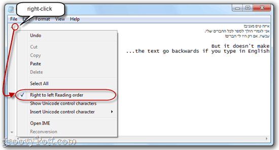 Read right-to-left and change reading orientation in notepad