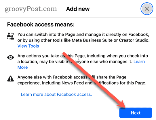 Facebook access disclaimer