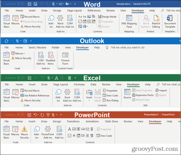 Developer tabs in Microsoft Office programs
