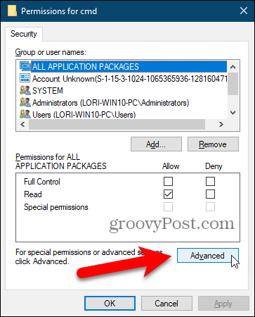 Click Advanced on the Permissions dialog box in the Windows Registry
