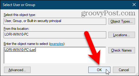 Close the Select User or Group dialog box in the Windows Regisry