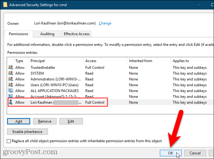 Close the Advanced Security Settings dialog box in the Windows Registry