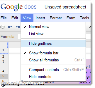Hide gridlines in google docs menu