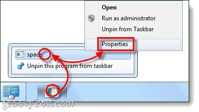 rightclick taskbar shortcut properties