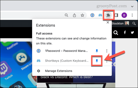 Pin an extension icon in Chrome