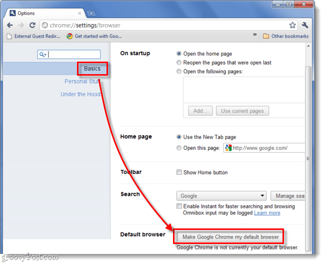 chrome options basics set default browser