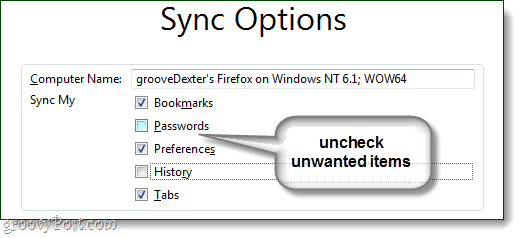 uncheck unwanted sync items