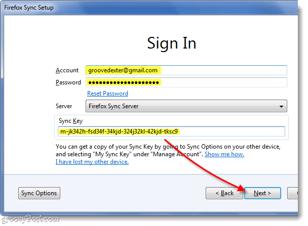 sign into firefox sync using your email, password, and sync key
