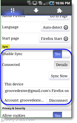 firefox synced to android phone
