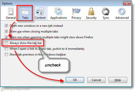 Firefox 4 Tabs options and Always show the tab bar unchecked