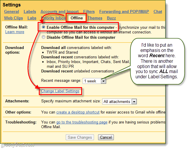 gmail enable offline mail for computer and change label settings