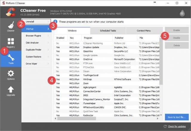ccleaner disable startup programs