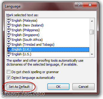 change default proofing language to british in word 2010