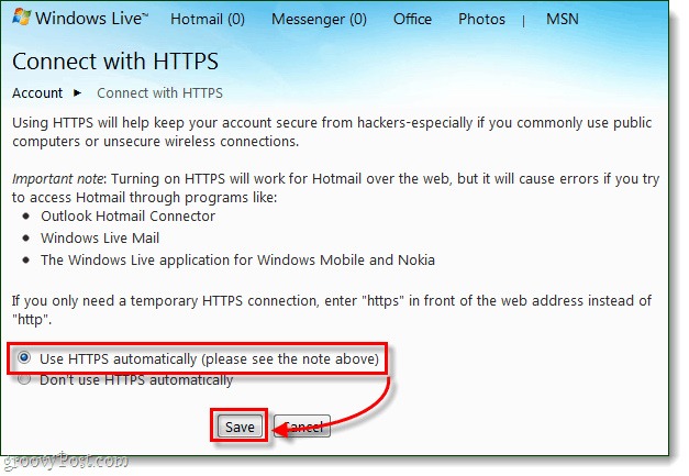 use https automatically for windows live mail