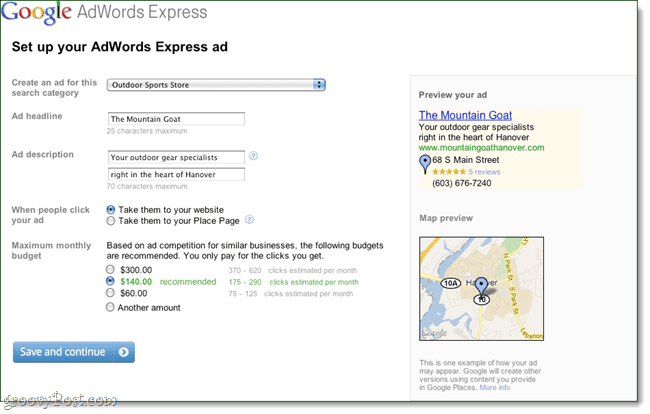 adwords express creation page
