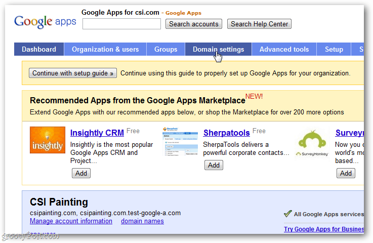 Google apps domain settings from the Apps Control Panel