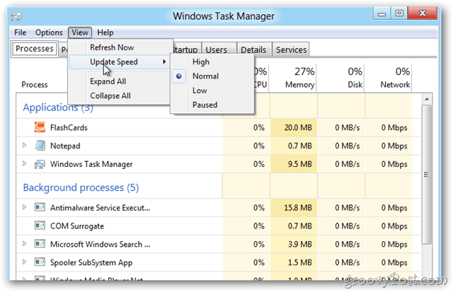 Options d'affichage du Gestionnaire des tâches de Windows 8