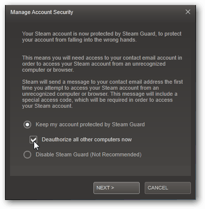 deauthorize other computers from accessing your steam account.