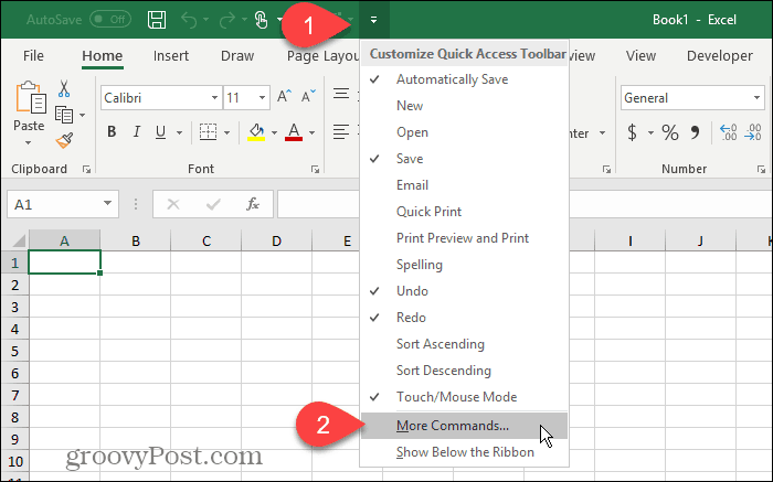 Select More Commands on the Quick Access Toolbar in Excel