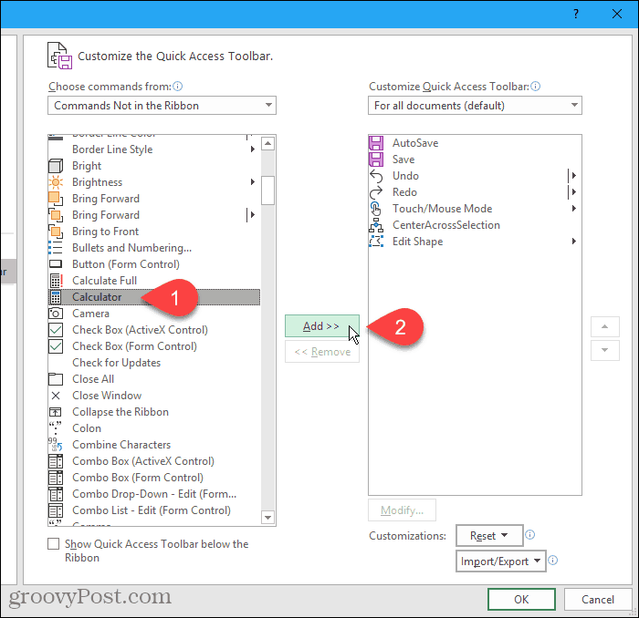 Select Calculator on the left, then Click Add on the Excel Options dialog box