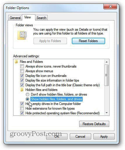 folder options screen