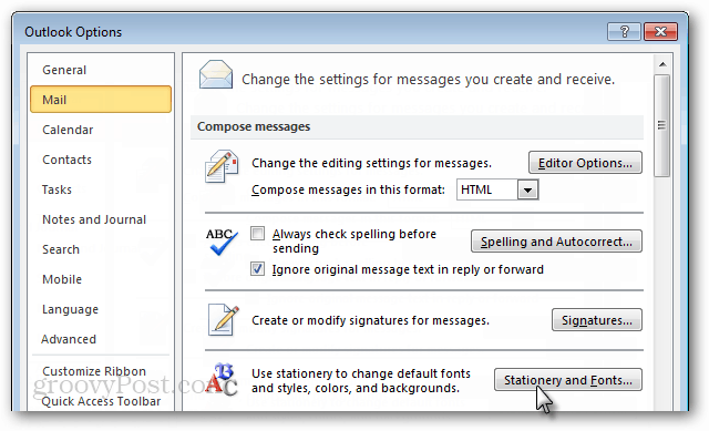 outlook 2010 mail options