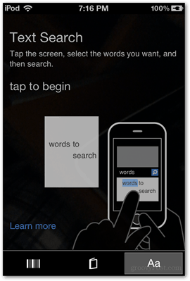 text search tap to begin screen info bing vision microsoft scan ios apps application
