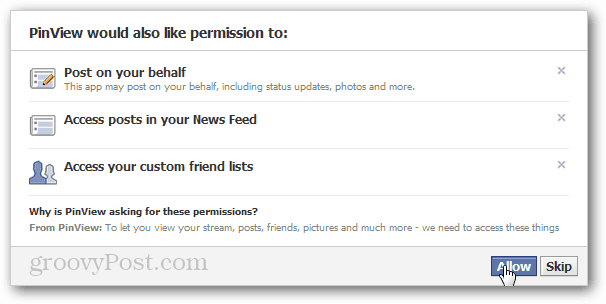 pinview additional permissions for facebook