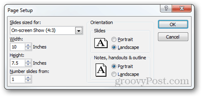 page setup powerpoint 2010 options aspect ratio size orientation
