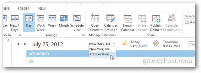 Outlook 2013 Calendar Weather Tour - Click Add Location