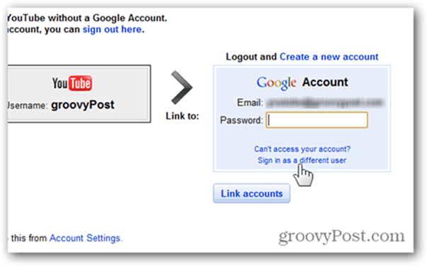 Link a YouTube Account to a New Google Account - Click Sign in as different account