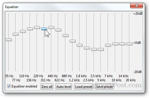 foobar2000 equalizer bars decibels dB auto level load save preset