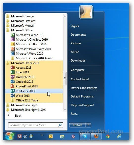 both versions Office Start Windows 7