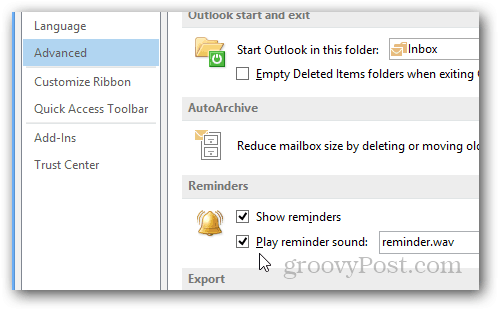 Outlook Enable or Disable reminder sounds : Check Boxes for options