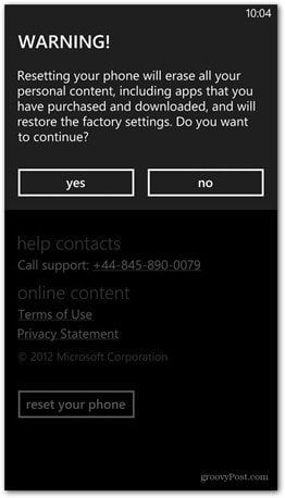 Windows Phone 8 master reset confirm